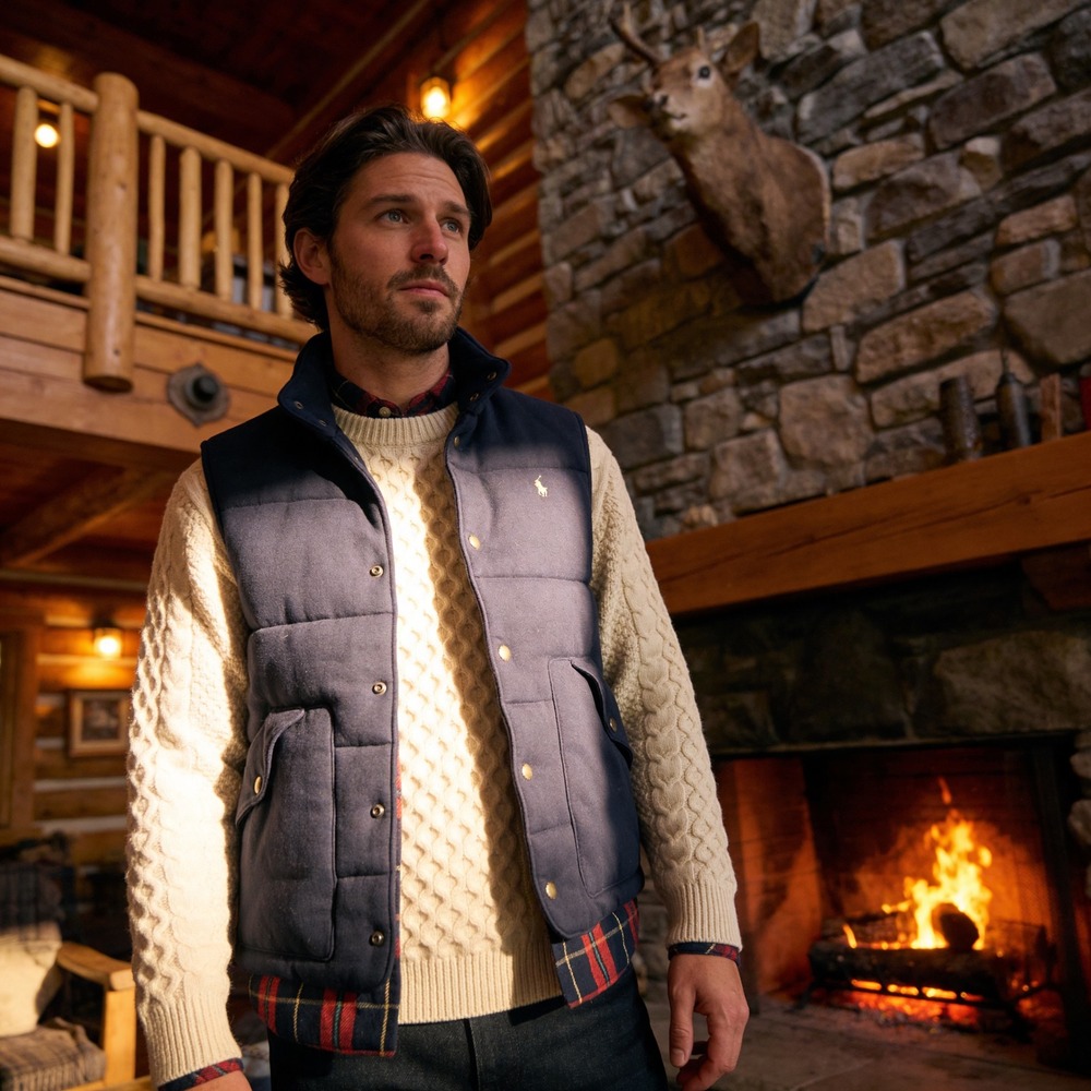 Polo Ralph Lauren Mens Navy Blue Quilted Puffer Vest Plaid Lining Size M